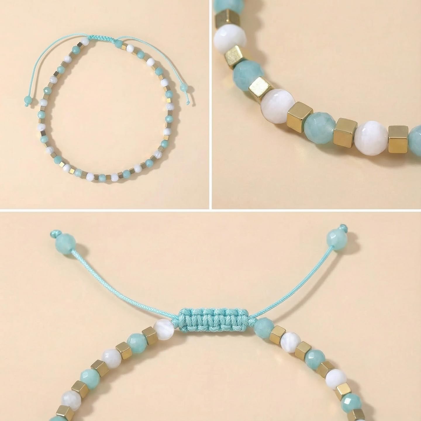 BEADSENER Green Amazonite Adjustable Charming Bracelet for Women, 3mm Natural Shell Gemstone Hematite Stone Beads, Pull String Slider Metal Free Design Waterproof, Gift for Her Daily Wear