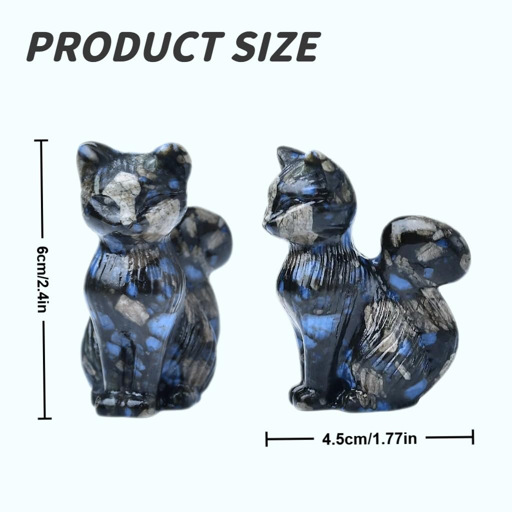 WUYOUSHI Natural Blue Amphibole Crystal Cat Statue 2.4 Inch - Handmade Healing Sculpture, Lucky Guardian Pocket Statue for Reiki Meditation, Office & Home Decoration Gift