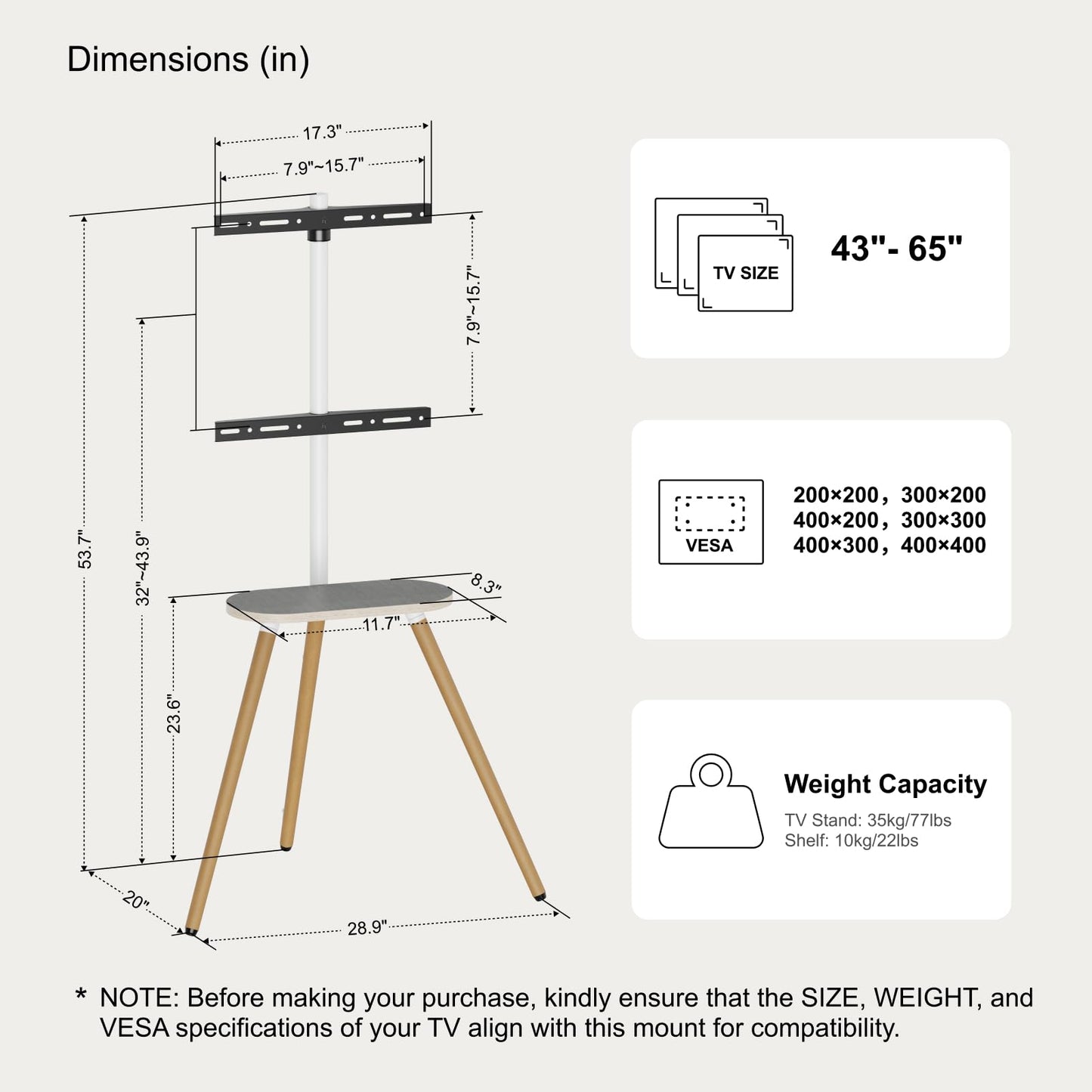 ECOTINY Tripod Easel TV Stand for 43–65 Inch TVs, Height Adjustable Swivel Floor Stand with Wooden Tray and Cable Management, VESA 400x400, Minimalist White