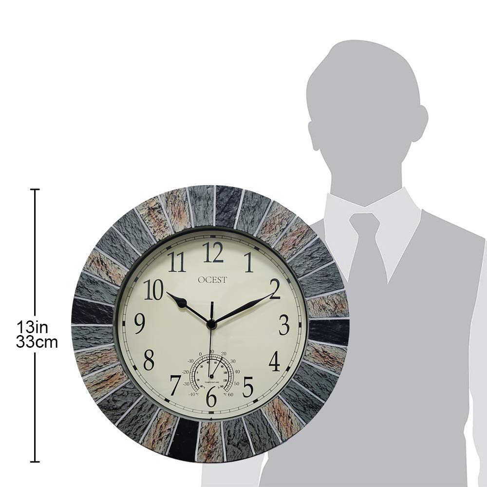 OCEST 13 Inch Large Outdoor Indoor Clock, Waterproof Wall Clock with Thermometer, Weather-Resistant Non-Ticking Battery Operated Decor for Patio, Pool, Lanai, Fence, Porch, Garden（Brown）
