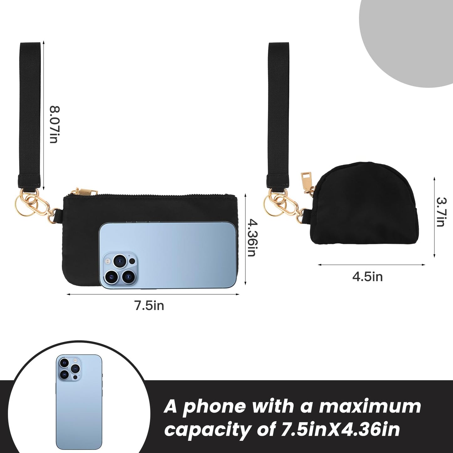 Mini Zip Around Wristlet Keychain Wallet for Women Detachable Dual Pouch Wristlet Portable Phone Coin Purse Coin Pocket (Black+Gold)