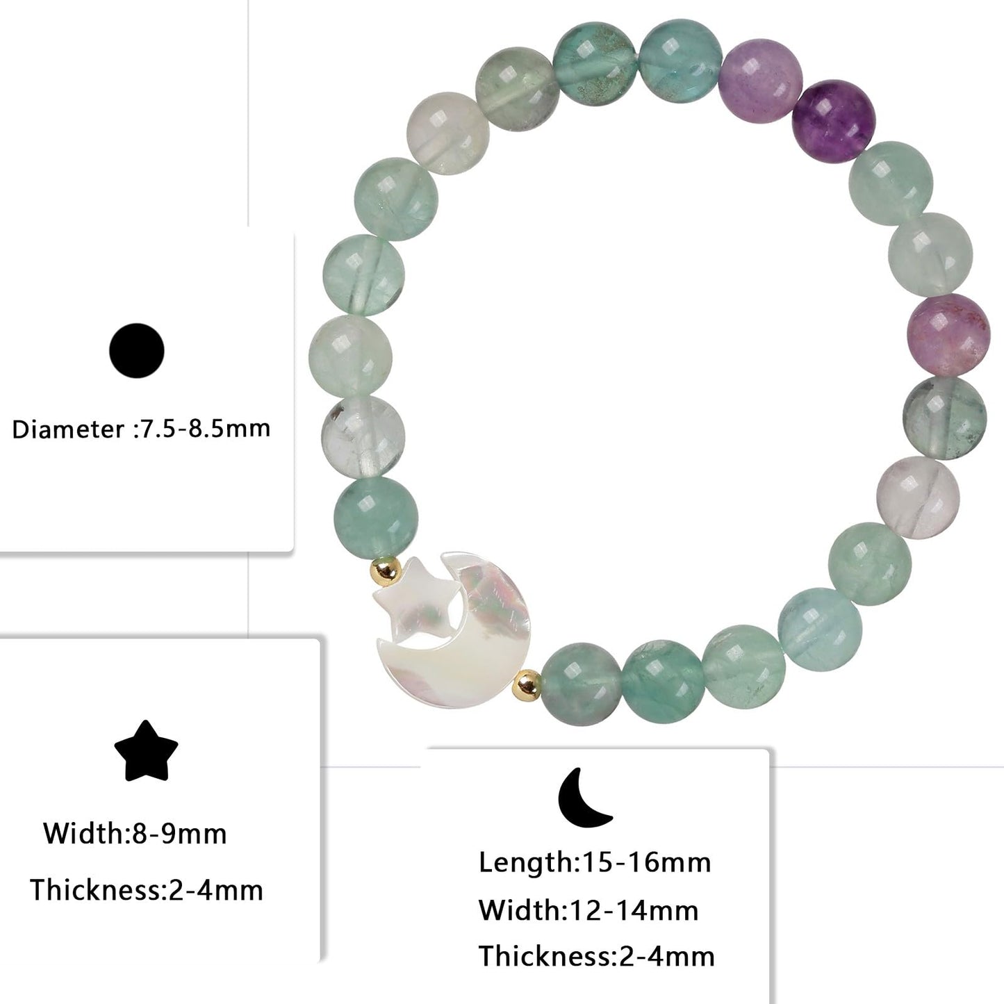 TUMBEELLUWA 8mm Healing Crystal Bracelet Natural White Shell Star Moon Bead Stone Handmade Stretch Wrist Jewelry Spiritual Gift for Women, Fluorite