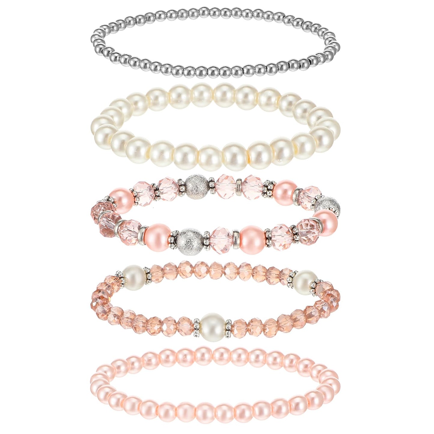 DIVINA VITAE 5 Pcs Beaded Stretch Bracelets Pink Stackable Bracelets Boho Beaded Bracelet Stretch Layering Crystal Stone Bead Bracelet Trendy Costume Jewelry Gifts for Women