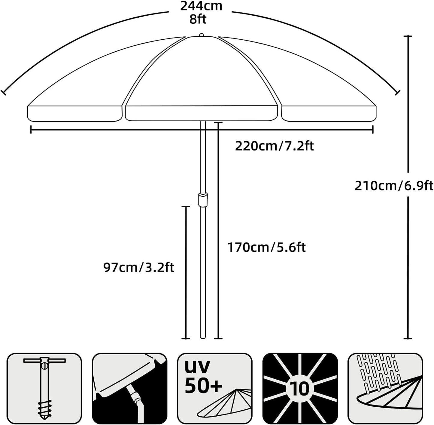 AMMSUN 8 FT Large Beach Umbrellas for sand with Sand Anchor Heavy Duty High Wind Portable Outdoor Umbrellas UPF 50+ Protection Air Vent Tilt Patio Garden Pool (Cream Khaki)