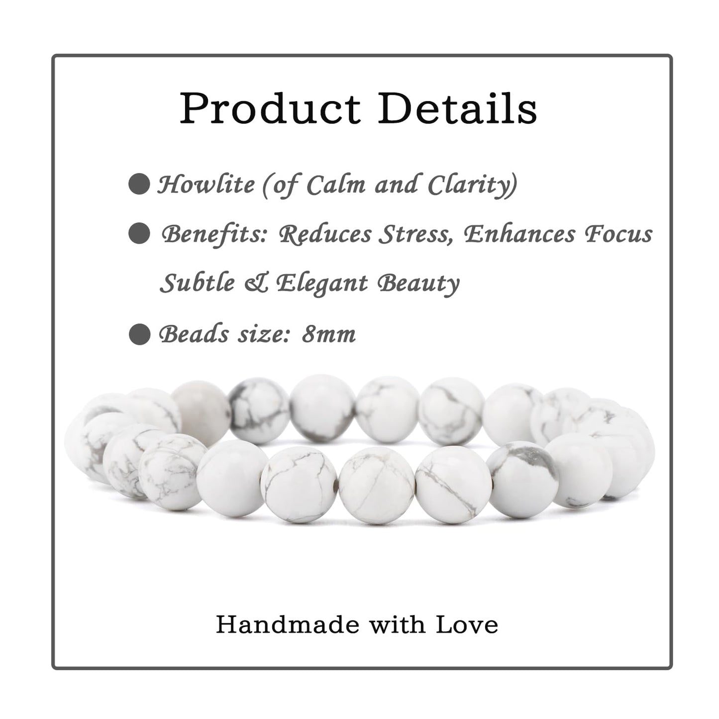 Bymitel 8mm Howlite - Handmade Reiki Gemstone Stretch Bracelet, Natural Beauty & Spiritual Essence, Crystal Healing for Unisex Adults