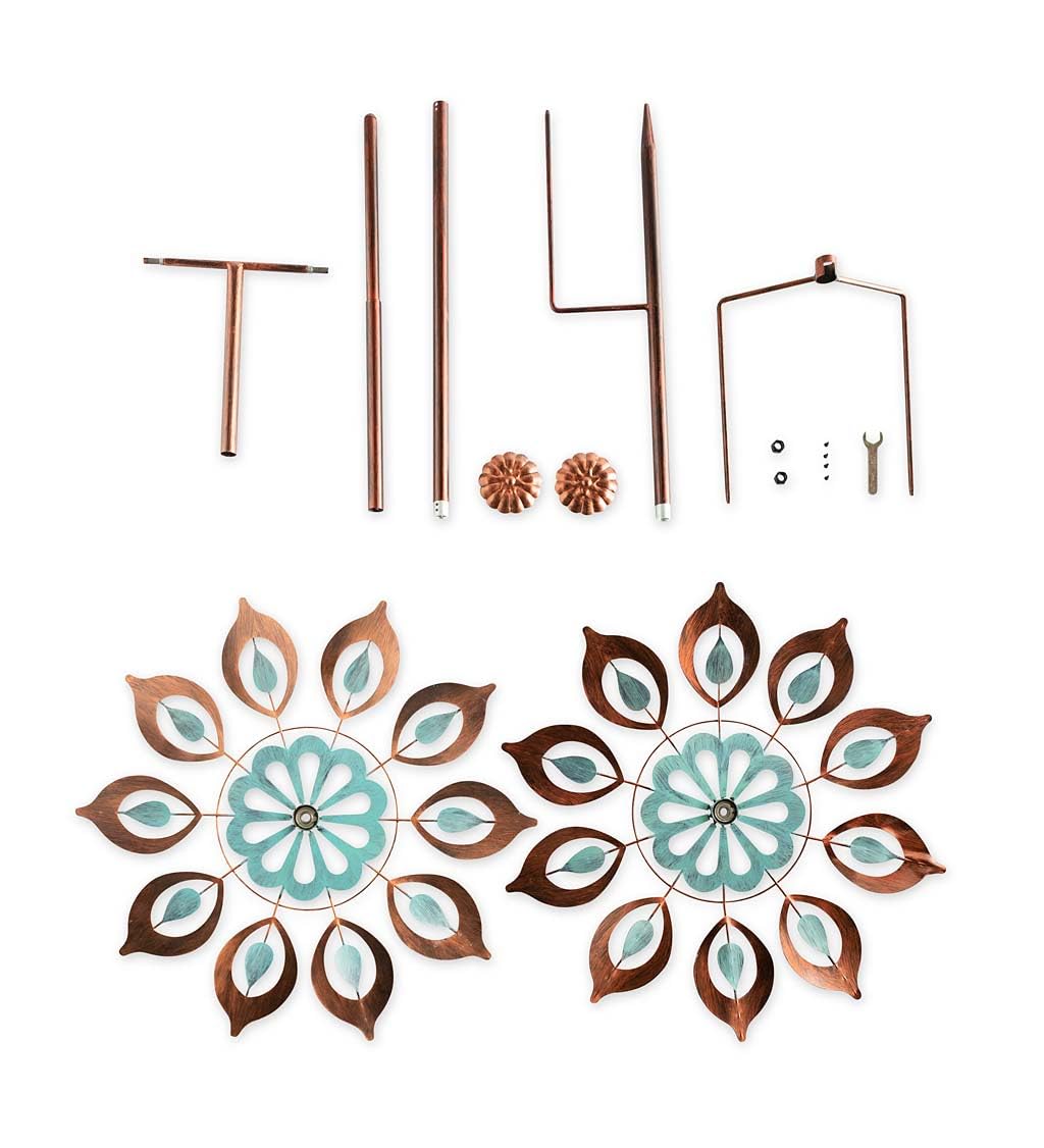 Mesmerizing Copper Lily Wind Spinner Dual-Tone | Petal-in-Petal Design | Independent Rotors | Brushed Copper & Antique Blue |All Seasons | 24" Wx75 H