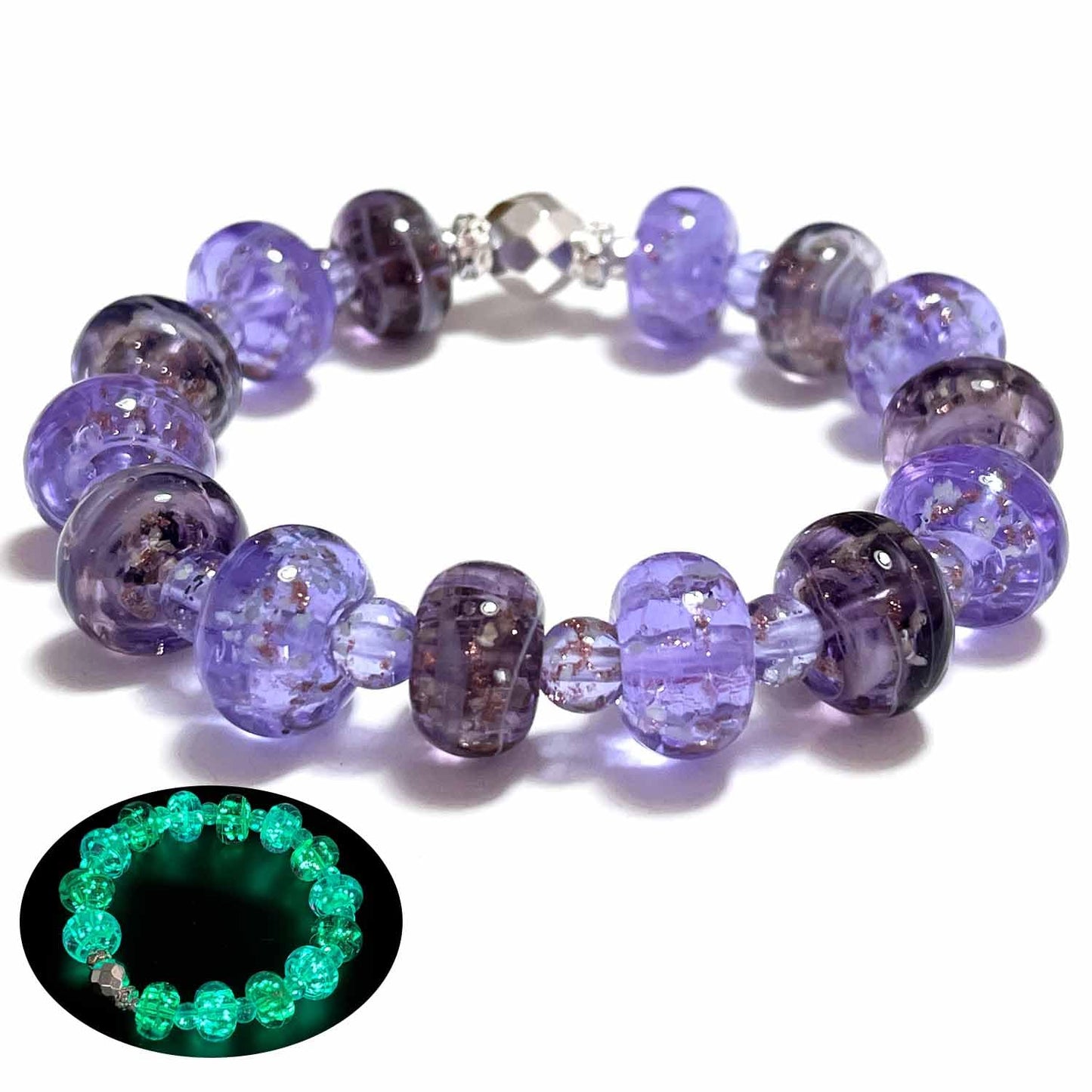 ARTSY Crafts Glow in The Dark Firefly Beads Bracelet, Handmade in USA, Colorful Donut Shaped Luminous Murano Glass Beads Jewelry Mermaid Crystals Inspirational Gift (Lavender + Violet)