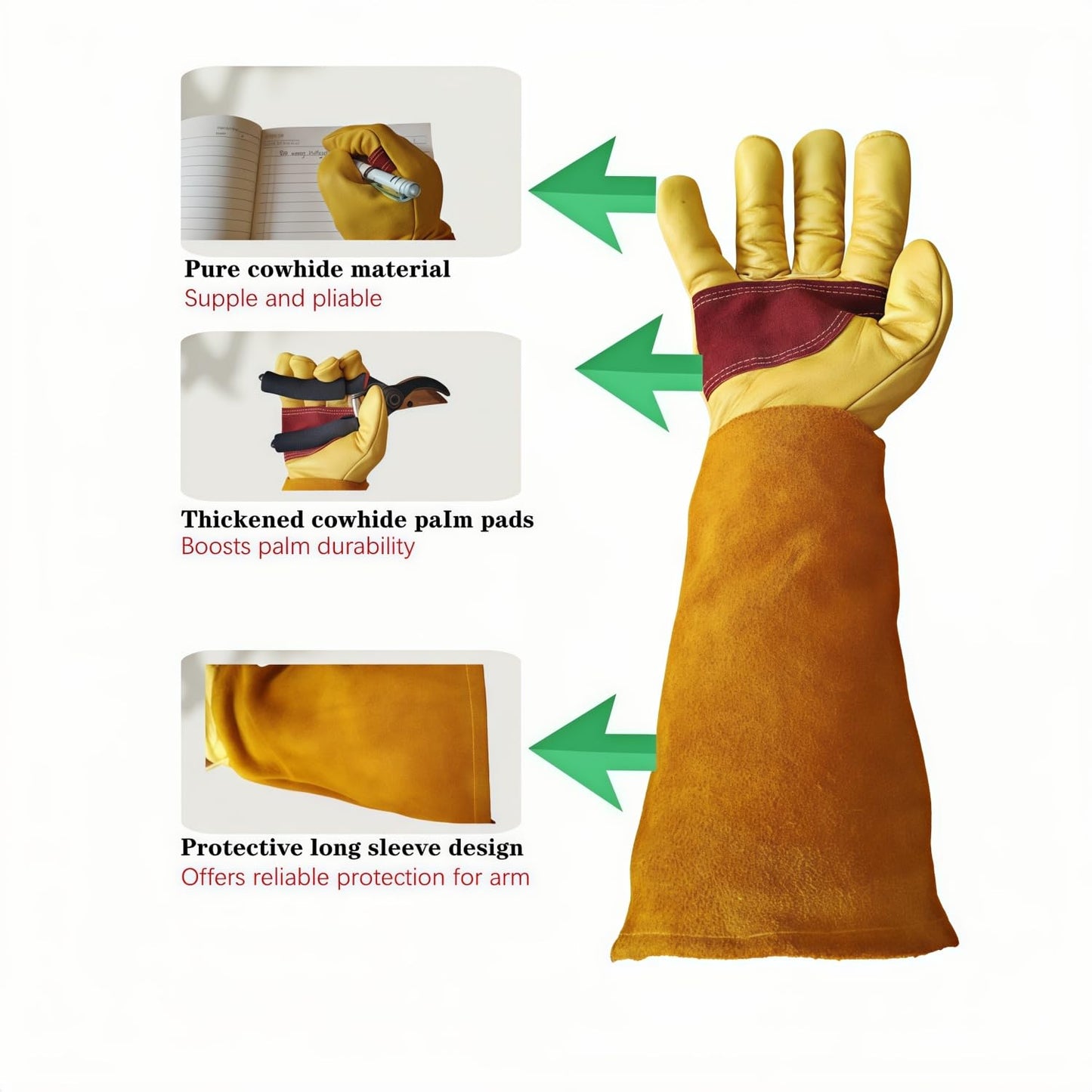 wfkwcxw Heavy Duty Cowhide Gardening Gloves-Thorn Proof & Adjustable-Perfect for Cactus,Roses,Weeding,Snake Handling&Poison Ivy Protection,Yellow, Small