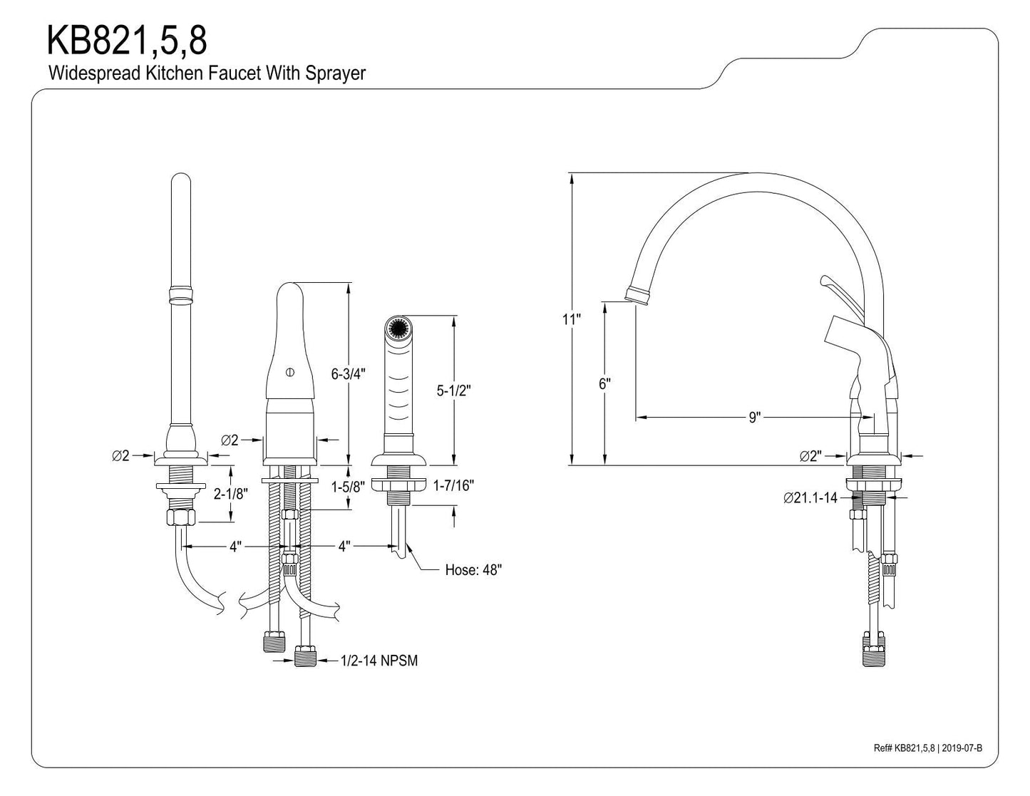 Kingston Brass KB828 Kitchen Faucet with Sprayer, 9", Brushed Nickel
