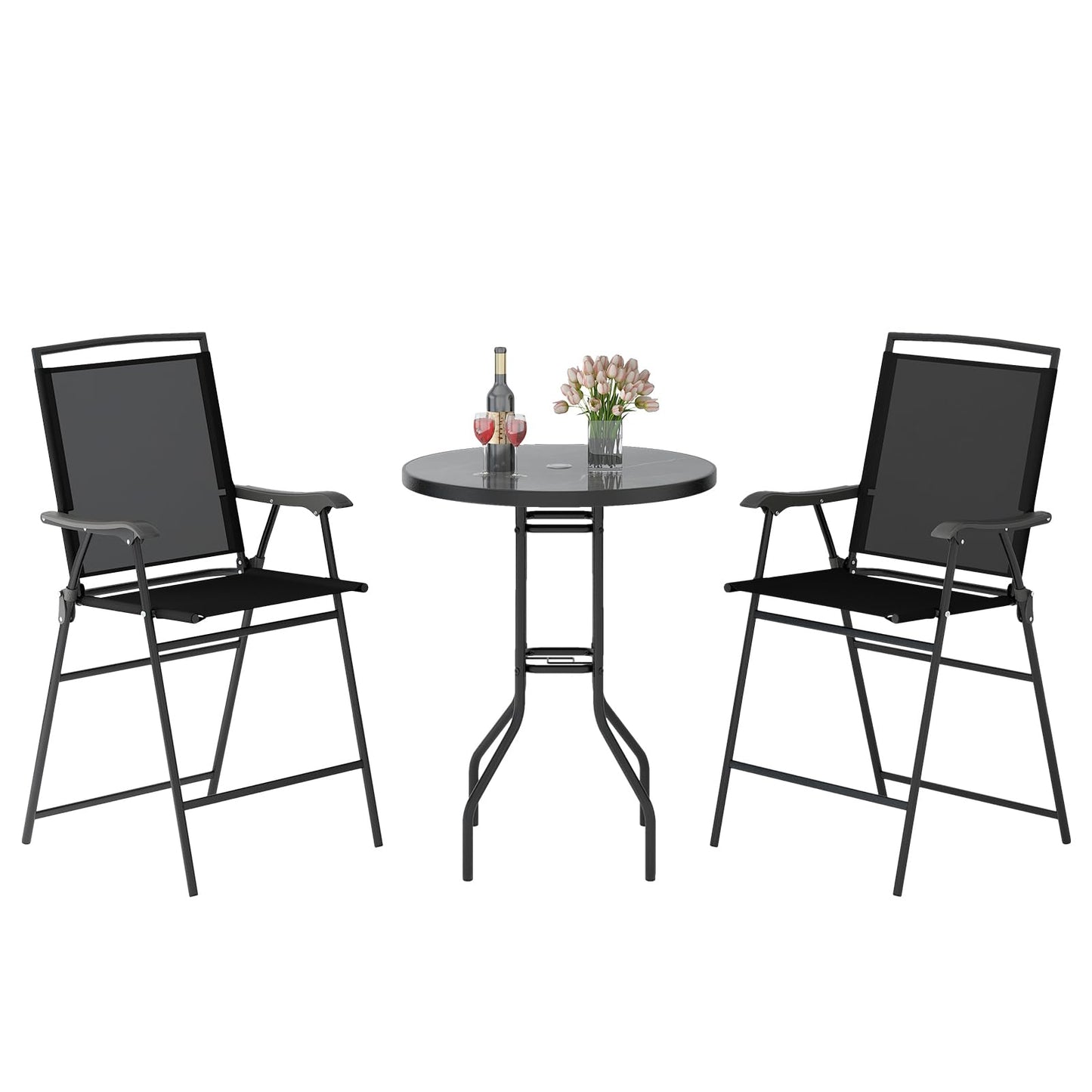 Tangkula 3-Piece Outdoor Bar Set, Counter Height Patio Bistro Furniture Set with DPC Tabletop & Umbrella Hole, Metal Frame Patio Bar Table with 2 Folding Chairs for Poolside, Backyard, Porch, Black