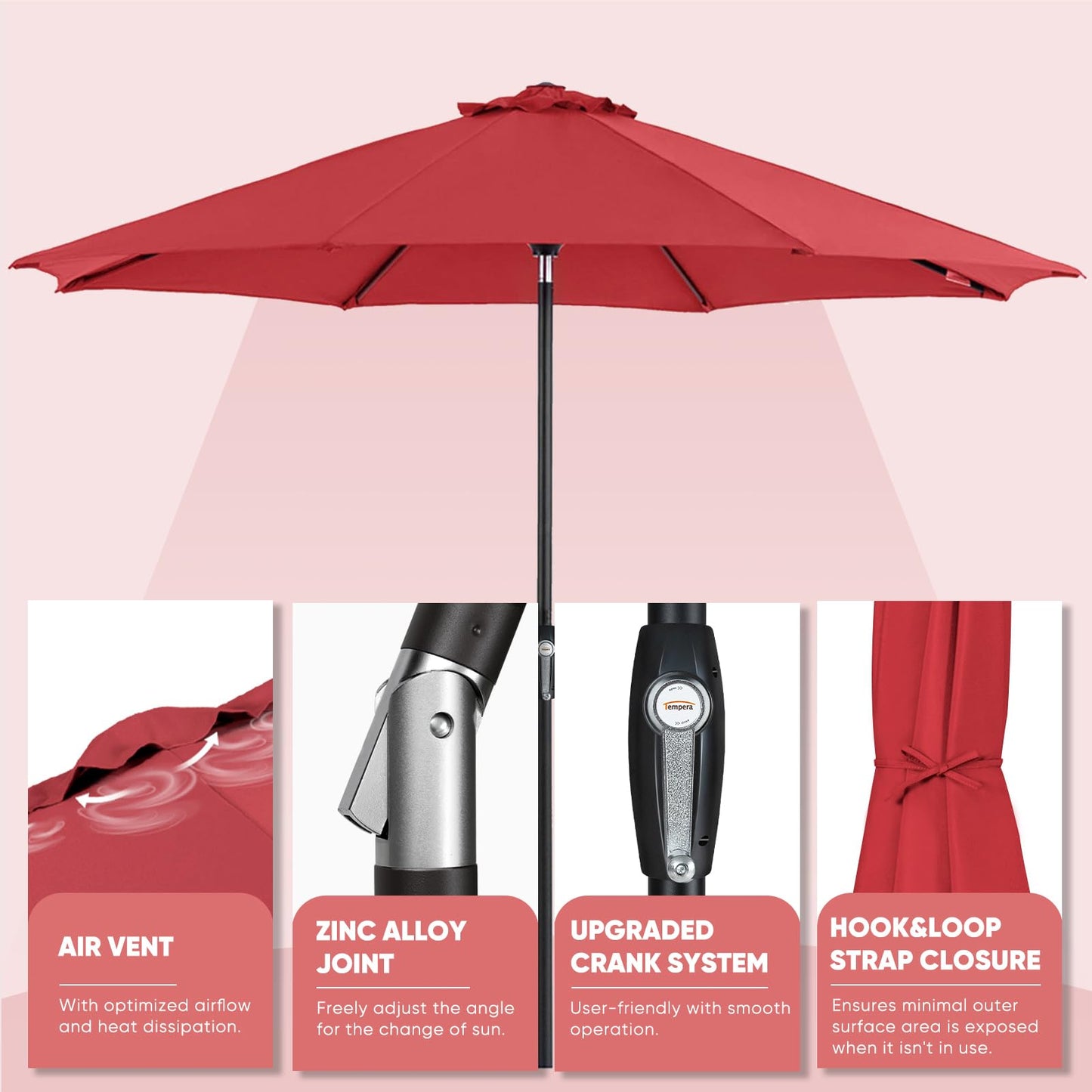 Tempera 9ft Patio Market Outdoor Table Umbrella with Auto Tilt and Crank, Large Sun Umbrella with Sturdy Pole & Fade Resistant Canopy, Easy to Set, Rust Red