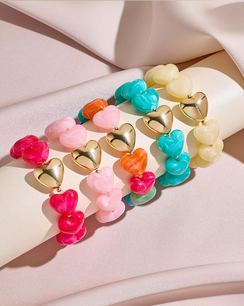FAUTHENTICUTE Hot Pink Bead Strand Bracelet for Women Boho Fuchsia Red Beaded Statement Bracelet With A Puffy Heart Charm Chunky Stretch Bracelets For Summer Vacation Beach Jewelry Gift
