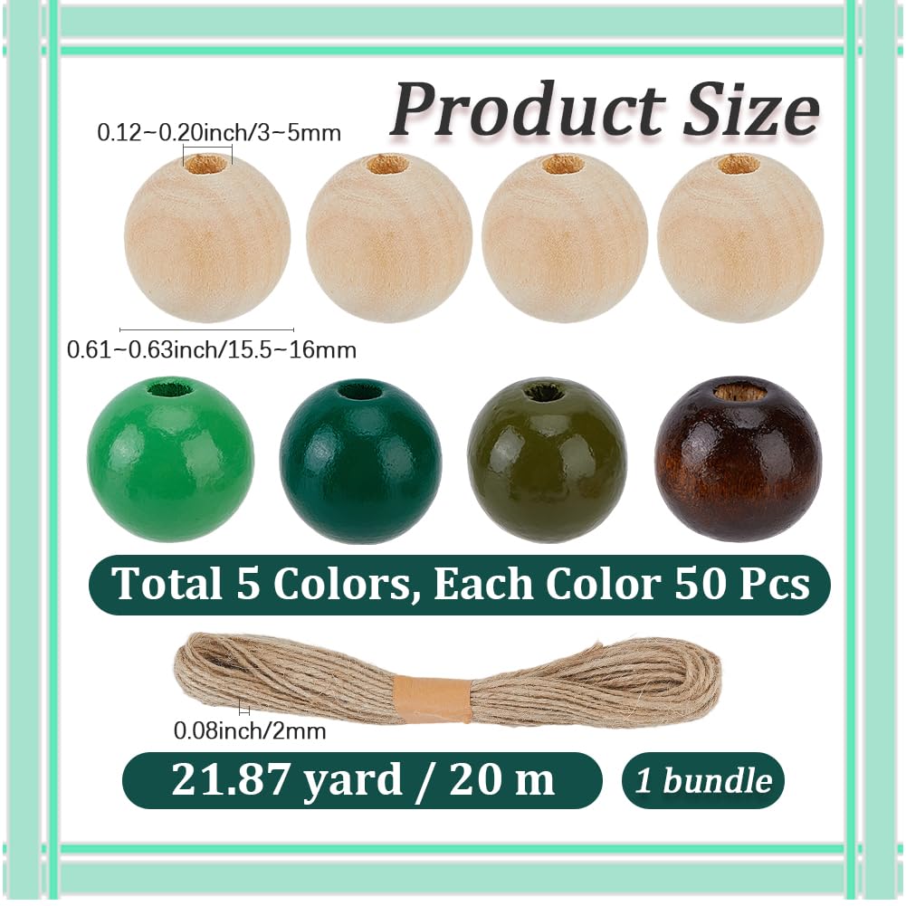 PONABEADIY 1 Box 250pcs 16mm 5 Colors Round Wooden Beads with Jute Twines Spray Painted Natural Ball Macrame Dyed Schima Wooden Loose Bead Bulk for Jewelry Making Necklaces Bracelets DIY Craft Supply