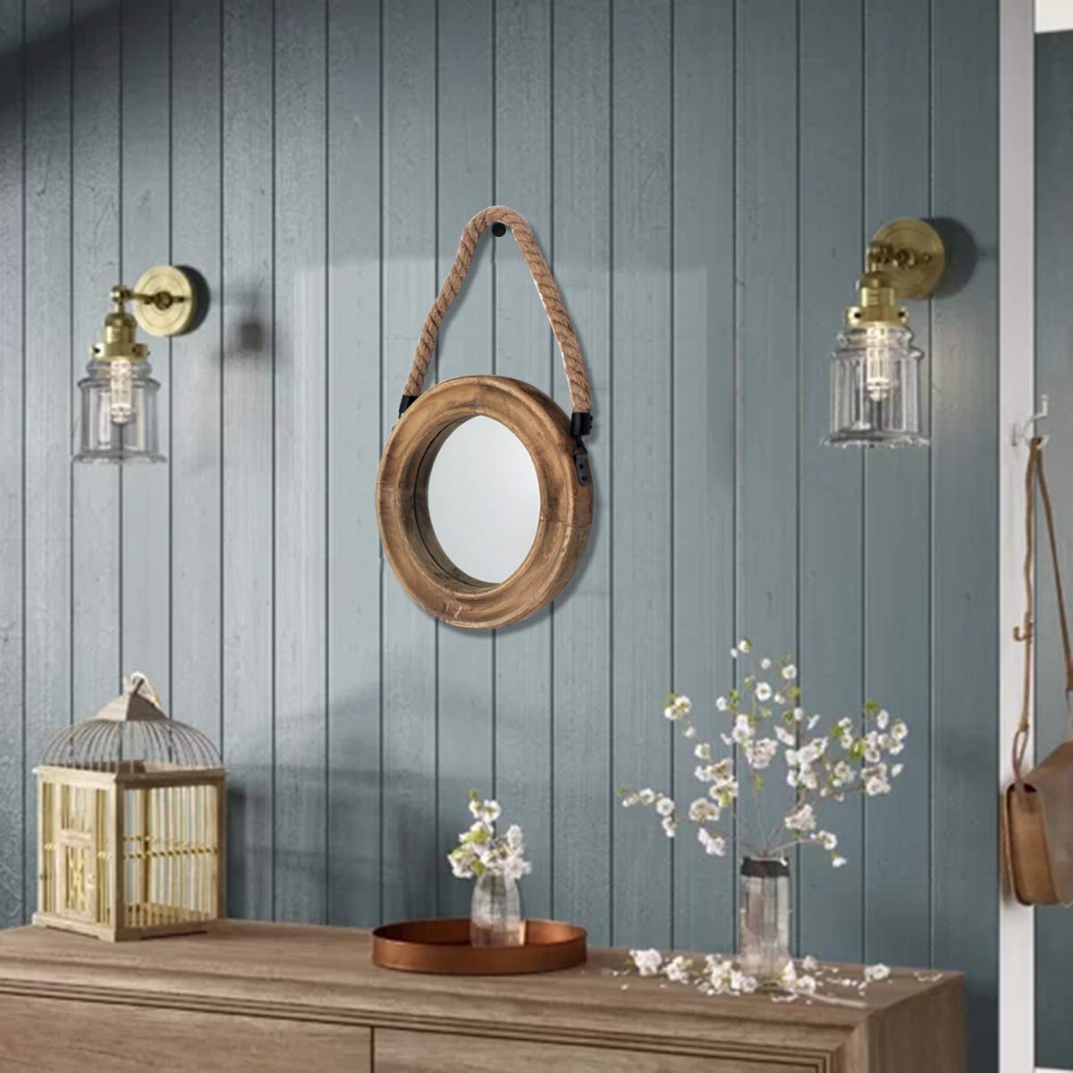 Funly mee Rustic Round Decorative Mirror with Solid Wood Frame&Rope Hanging,Farmhouse Antique Wall Decor(Small 9.9X9.9in)