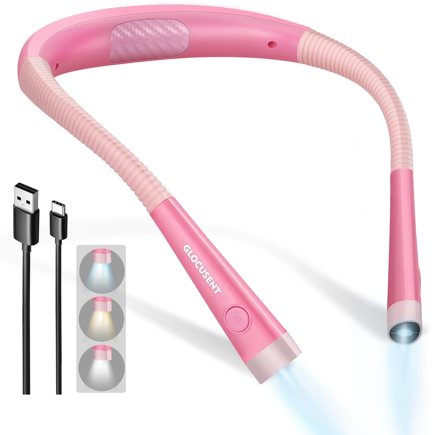 Glocusent Book Light, 3-Color & 6-Brightness Reading Light, Bendable Neck Light, 80-hr Lasting Rechargeable Book Light, Perfect Reading Lights for Books in Bed, Knitting, Book Lovers Gifts - 1Pack