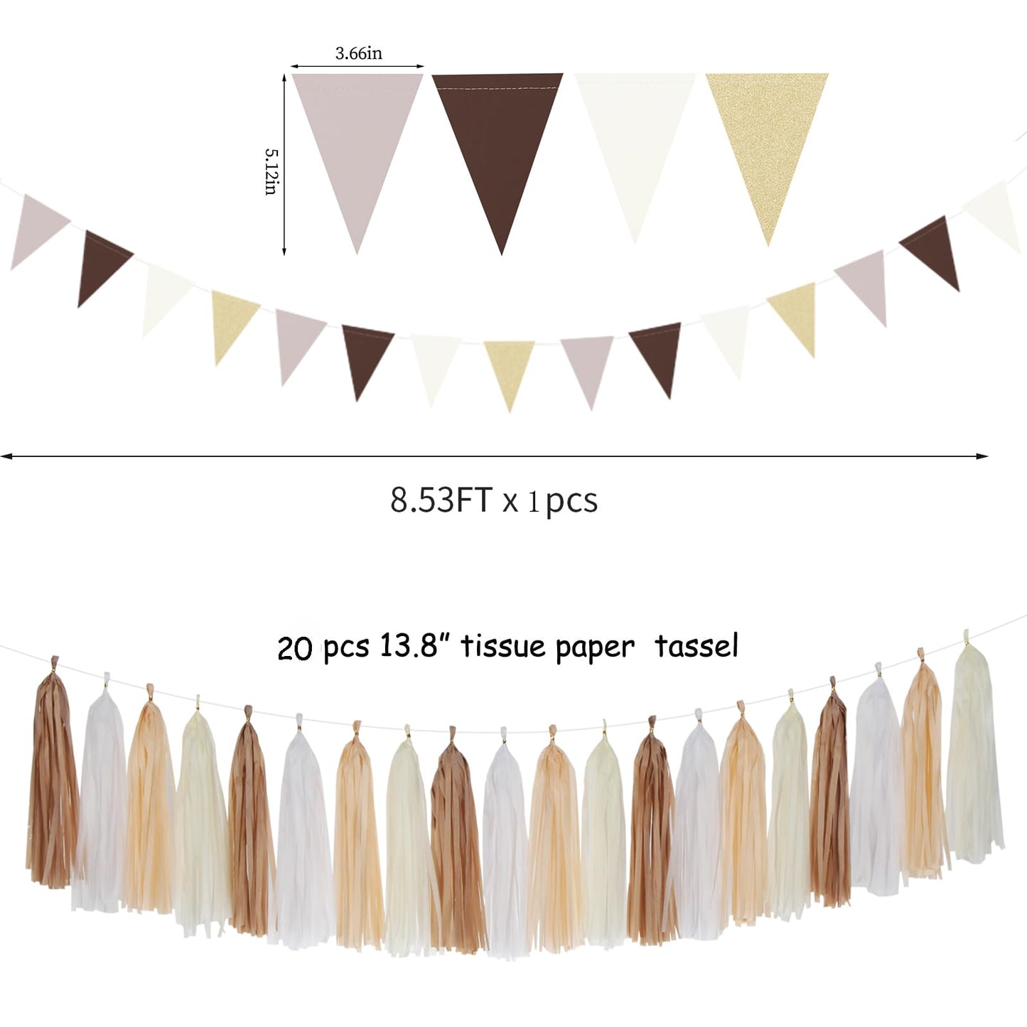 Boho Baby-Shower White-Brown Champagne Party-Decorations - 28pcs Neutral Birthday Wedding Bridal Tissue Pom Poms Streamers, Fall Autumn Tassel Garland Banner, Engagement Christmas Decor Ouruola