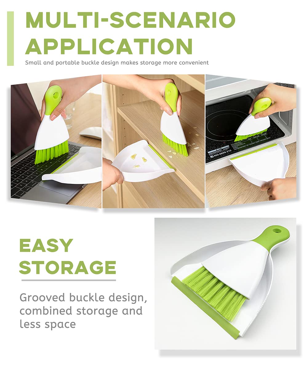 Small Hand Dust Pan and Brush - Small Broom and Dustpan Set, Mini Broom and Dustpan, Compact Dustpans and Brush for Home Cleaning, Sofa, Desk, Guinea Pig Cage, Cat Litter, etc. (Green 2 Set)