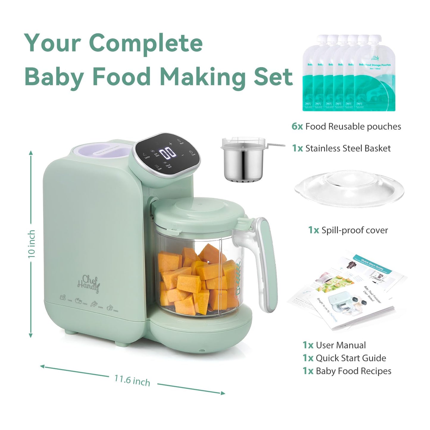 Chefhandy Baby Food Maker with Stainless Steel Steam Basket | 5-in-1 Baby Food Processor, Steamer & Blender for Homemade Baby Food, BPA-Free, 6 Reusable Pouches, Ideal for Newborns & Infants, Green