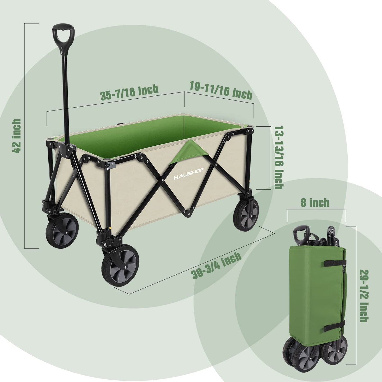 HAUSHOF Heavy Duty Collapsible Wagon, Folding Outdoor Utility Wagon, Camping Garden Beach Cart with Universal Quick Release Wheels, Adjustable Handle, 2 Cup Holders, 176 lbs Load Capacity, Green