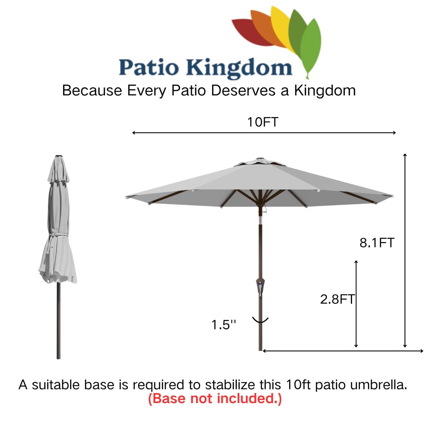 Patio Kingdom 10FT Patio Umbrella Outdoor Market Umbrella with Crank and Tilt, 8 Flexible Fiberglass Ribs, UV-Resistant Waterproof Canopy for Patio, Deck, Garden, Backyard, Light Gray