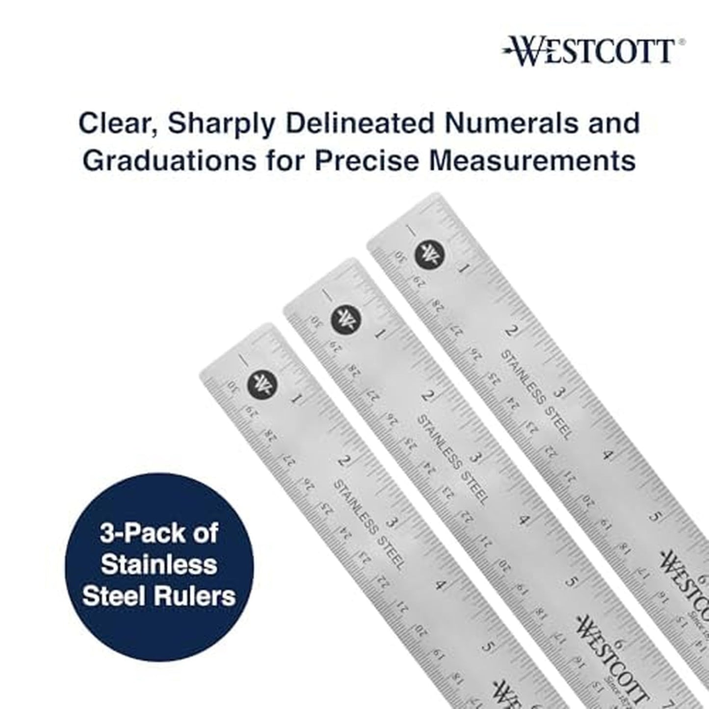 Westcott Stainless Steel Ruler Set with Non-Slip Cork Backing, Easy to Read Etched Markings, Flexible and Sturdy Design, for Crafting, Office, Classroom, Back to School Supplies, 12-Inch, 3 Pack