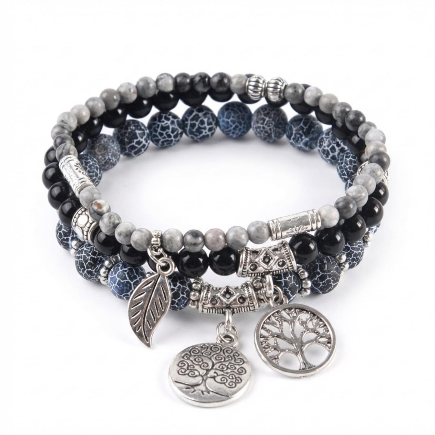 YGLINE Tree of Life Yoga Healing Stone Bracelets,Multilayer Lotus Chakra Stone Reiki Bracelet Sets,Anxiety Crystal Natural Stone,for Women Stress Relief (black wind fossilpicture jasper)
