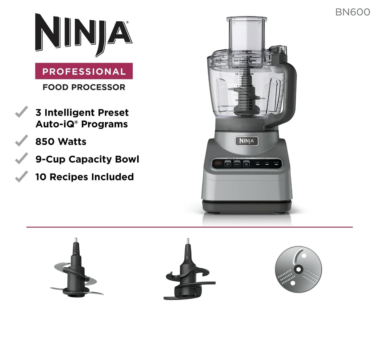 Ninja Professional Food Processor, 850 Watt motor, 9-Cup Capacity, 3 Auto iQ Preset Programs, Powerful dough mixer, Gray (BN600)