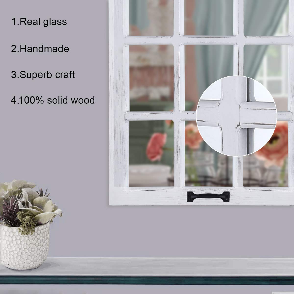 LOSOUR Decorative Wall Mirror-Distressed Wood Windowpane Mirror- Farmhouse Mirrors for Wall with Hanging Hardware for Bedroom Living Room Bathroom Kitchen (１, 18Wx23L)