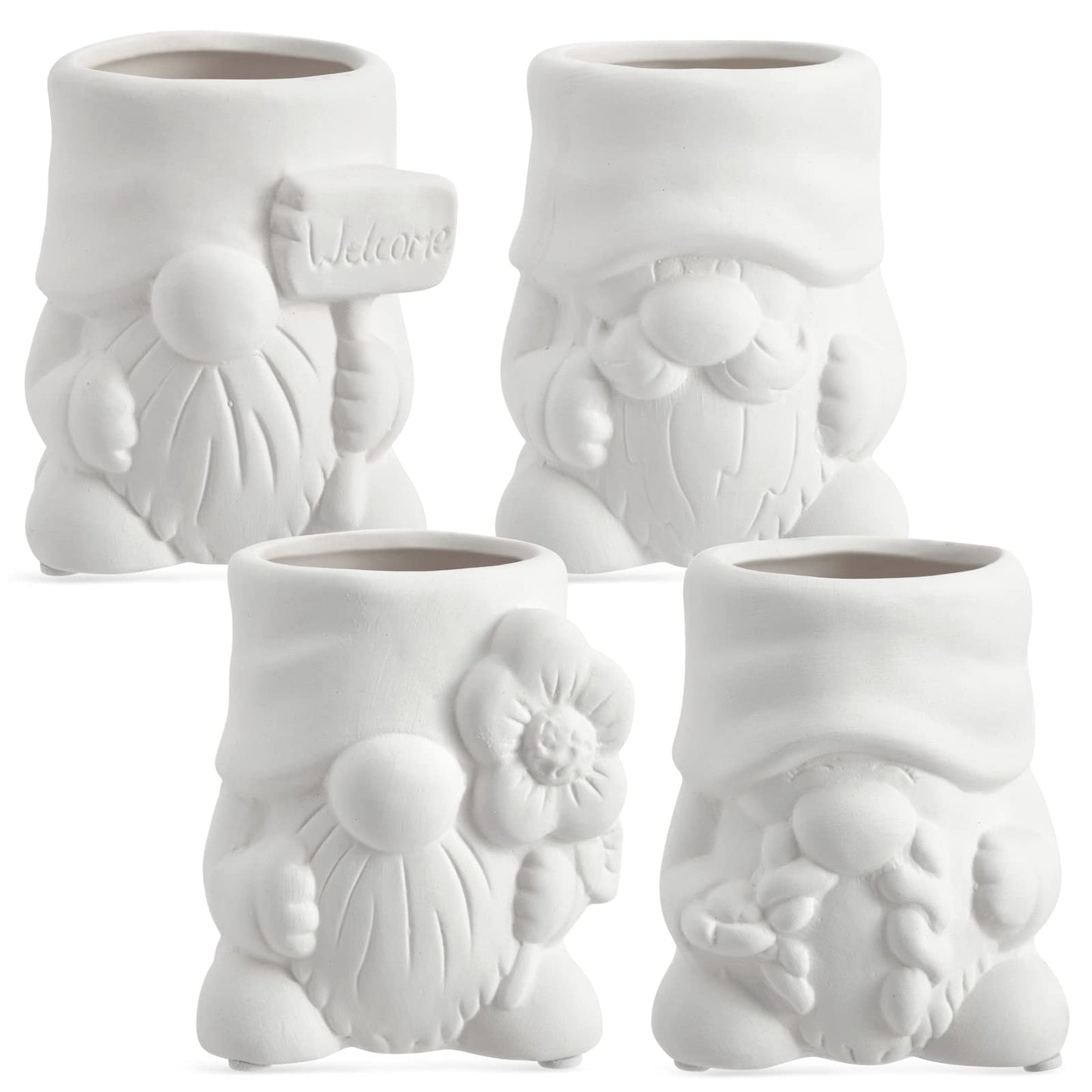 Bright Creations Paintable Ceramic Garden Gnome Planters - 3 x 3 x 4 in, White, Pack of 4, Unfinished - Succulent Pots to Paint with Drainage Holes & Plugs - DIY Pottery Kit