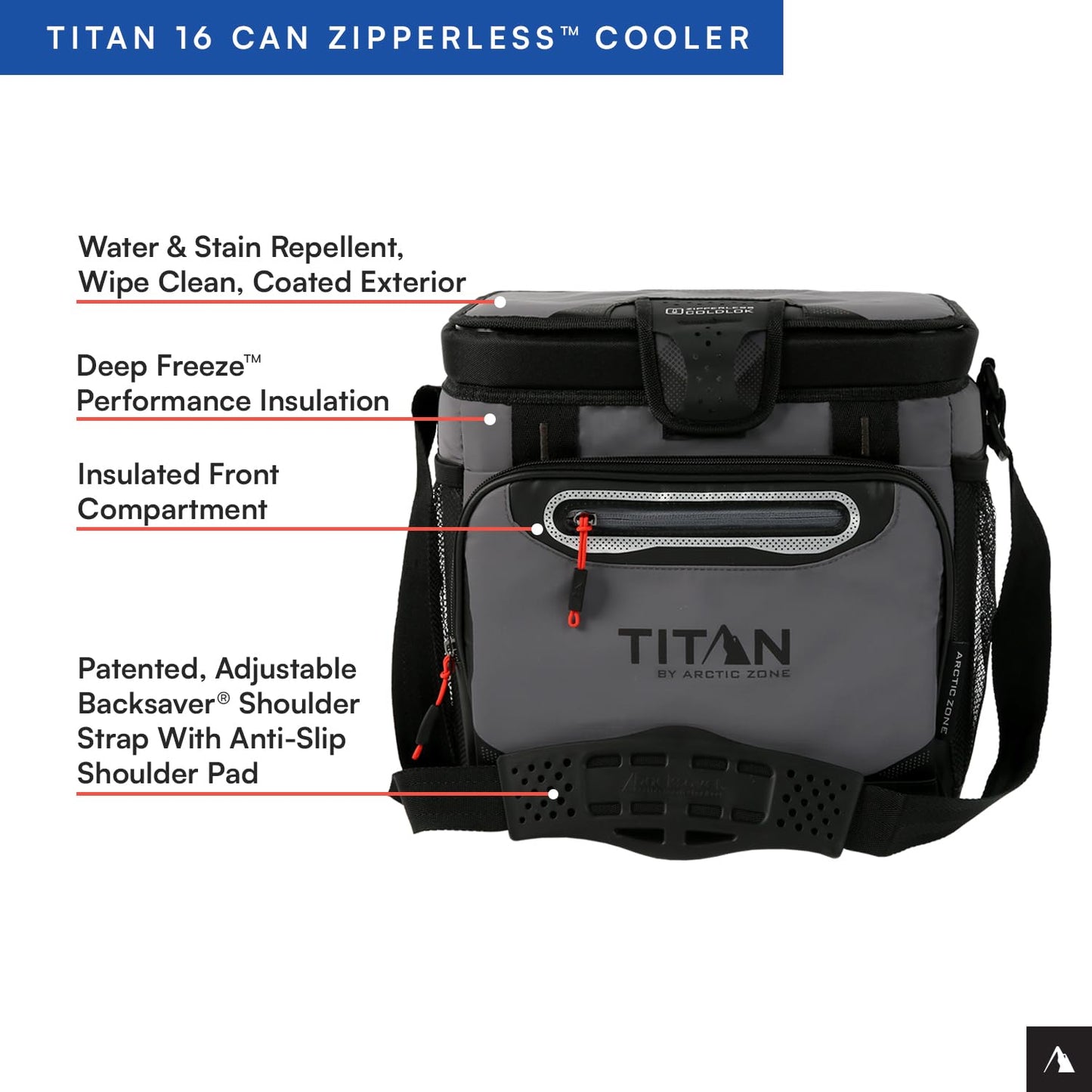 Titan by Arctic Zone Zipperless Soft Sided Cooler with HardBody Liner and SmartShelf, Insulated Bag with Shoulder Strap for Lunch and Travel, 16 Can Capacity, Sharkskin Gray