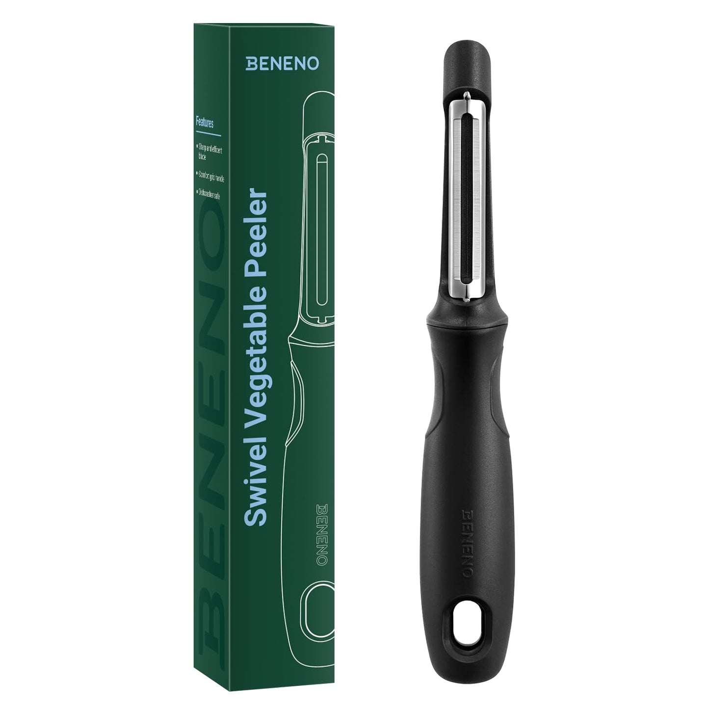 Beneno Swivel Vegetable Peeler, Razor-Sharp Smooth Peeling Potato Peelers with Stainless Steel Blades, Ergonomic Comfort Non-Slip Rubber Handle, Durable Kitchen Peelers with Potato Eye Remover, Black