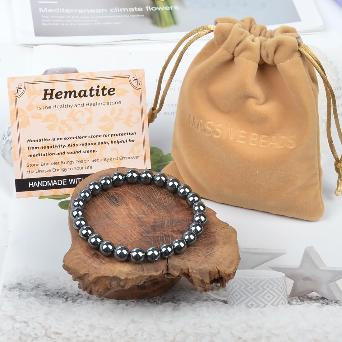 MASSIVE BEADS Hematite - Health and Healing Stone - Handmade Yoga Stretch Elastic Bracelet Natural Stone Crystal Healing Power Energy Gifts for Unisex Adult 8mm