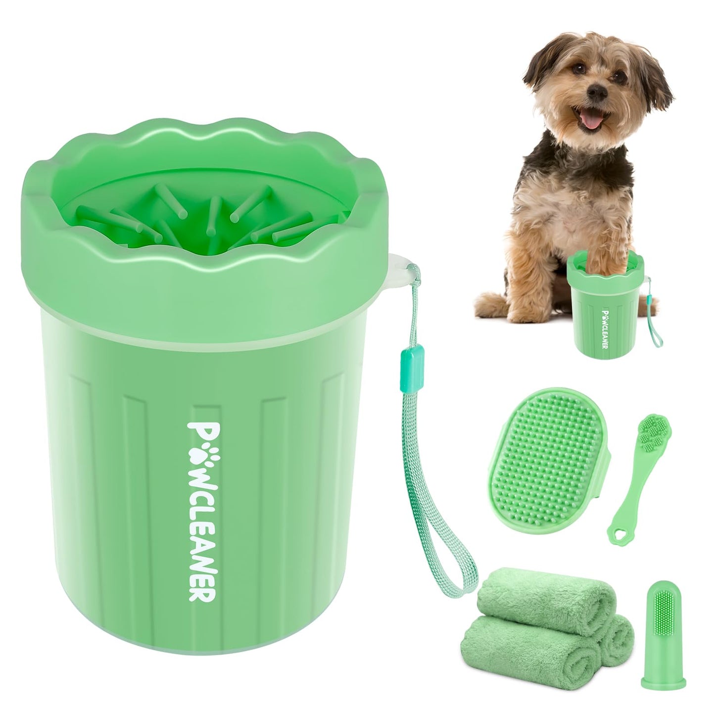 Professional 7 in 1 Dog Paw Cleaner for Dogs & Cats - Includes 1 Portable Paw Washer, 1 Bath Brush, 2 Dog Toothbrushes and 3 Absorbent Towels Note: Fits Paws up to 2 Inches Wide (Small, Light Green)