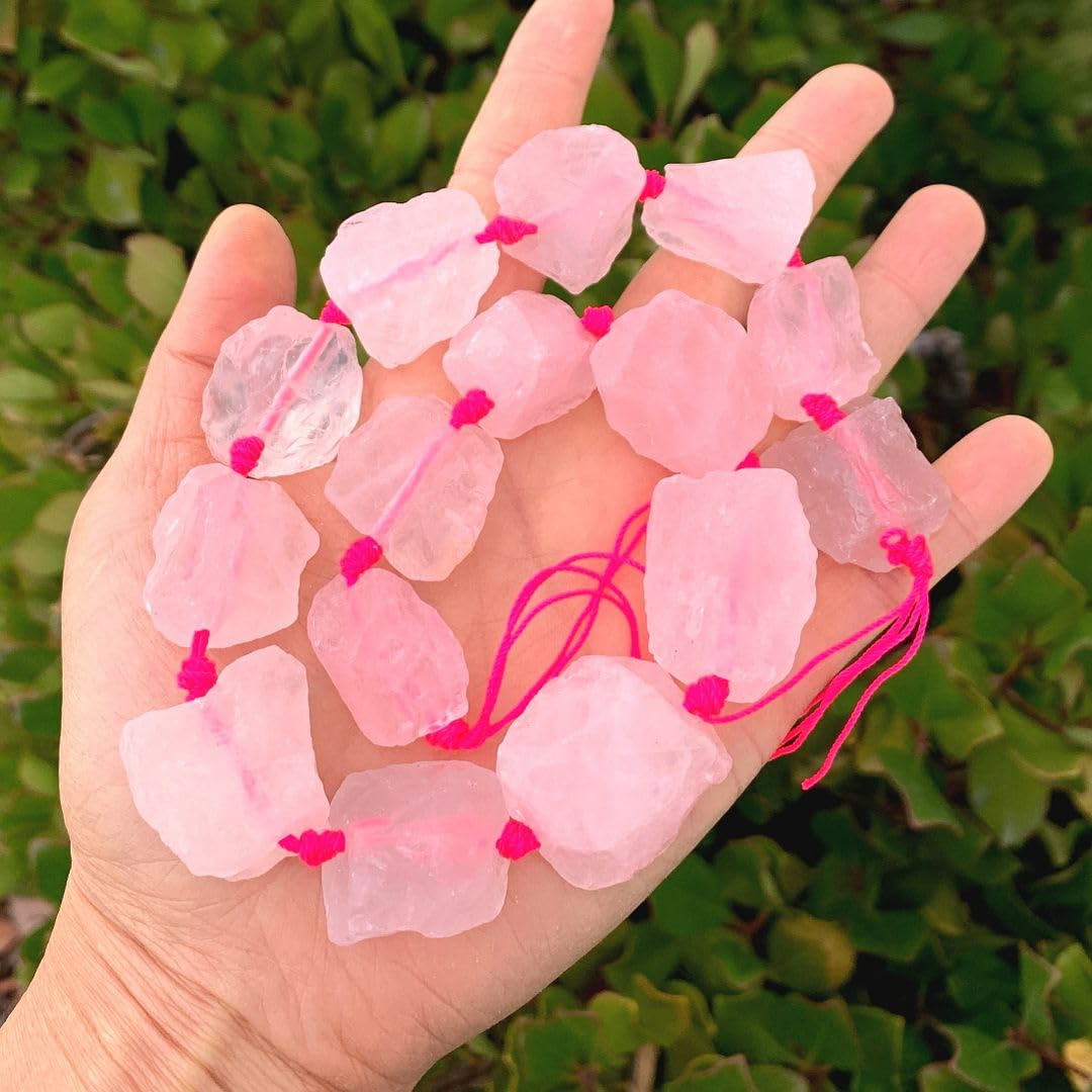 Adabele 15 Inch Natural Raw Pink Rose Quartz Crystal Healing Gemstone Loose Beads Drilled Large Nugget Rough Chakra Gem Stone Spacer GA-C8