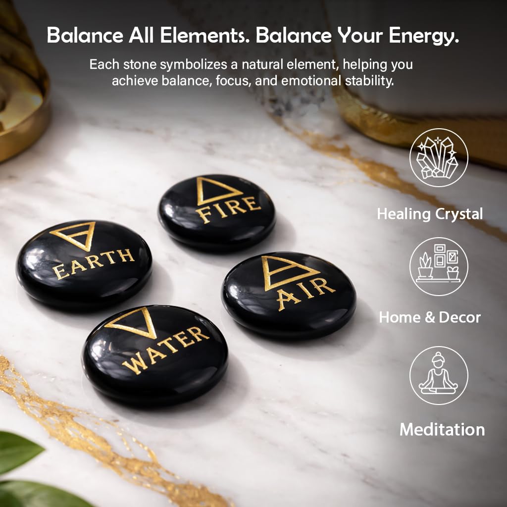 Crocon 4 Elements Black Tourmalinetones Round Shape Engraved Triangle Symbols (Earth Air Fire Water) Polished Palm Stones for Gemstone Reiki Crystals and Healing Stones Meditation Divination Gifts