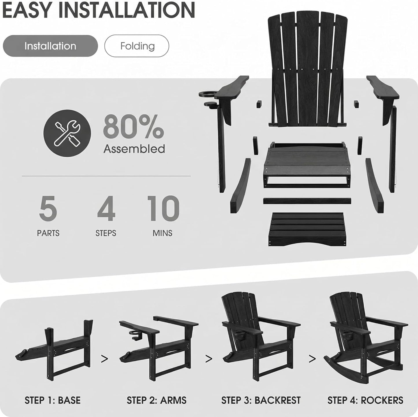 Polyhouz Adirondack Rocking Chair with Retractable Ottoman,Outdoor Folding Adirondack Chair with Cup Holder,HDPE All-Weather Patio Lounge Chair for Porch,Lawn, Poolside, Black