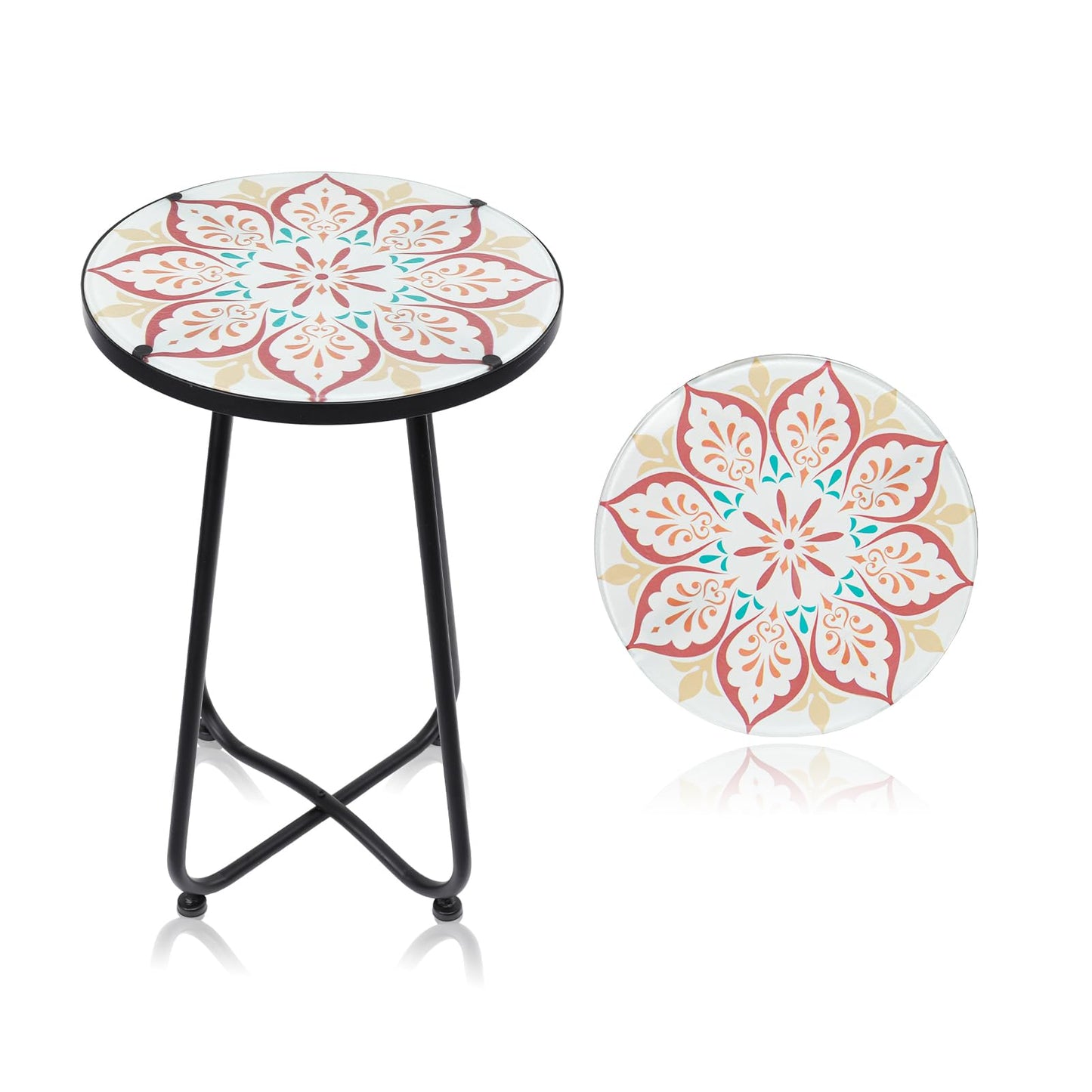 VCUTEKA Patio Side Table Outdoor Accent Table Bistro Coffee Table Plant End Table Small Porch Table Indoor Round Glass Balcony Plant Table Stands Khaki Flower 12 inches