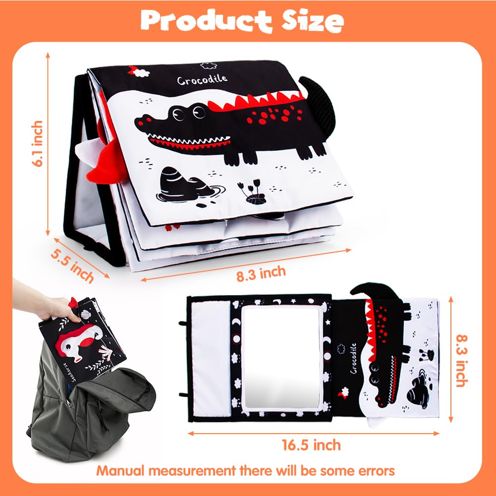 Yohome Black and White Baby Books for Newborn, Tummy Time Mirror, Baby Mirror Infant Toys with Soft Cloth Book, High Contrast Baby Toys, 3D Activity Crinkle Pages Sensory Tummy Time Toys for Babies