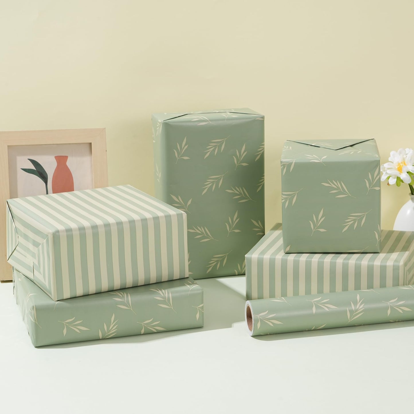 ZINTBIAL Reversible Gift Wrapping Paper Roll - Light Green Background with Beige Leaves - Green Stripe Design - for Birthdays,Weddings,Baby Showers,Mother's Day,Christmas - 17.5" x 33' (48 sq. ft.)