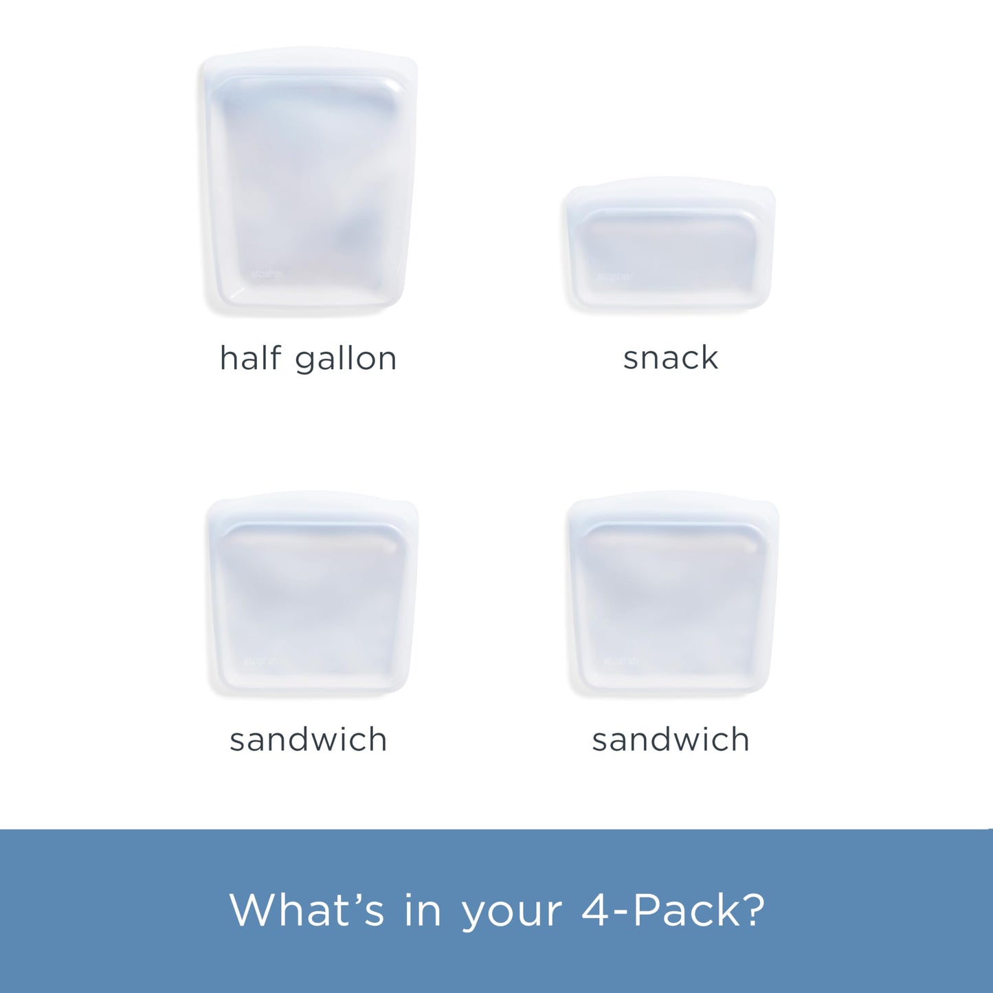 Stasher Silicone Reusable Food Storage Bags, 4-Pack, Reusable Freezer Bags, Microwave, Dishwasher, Oven Safe, Sous Vide, Premium Lunch Containers, Eco Friendly, Snack Bags, Food-safe Silicone, Clear