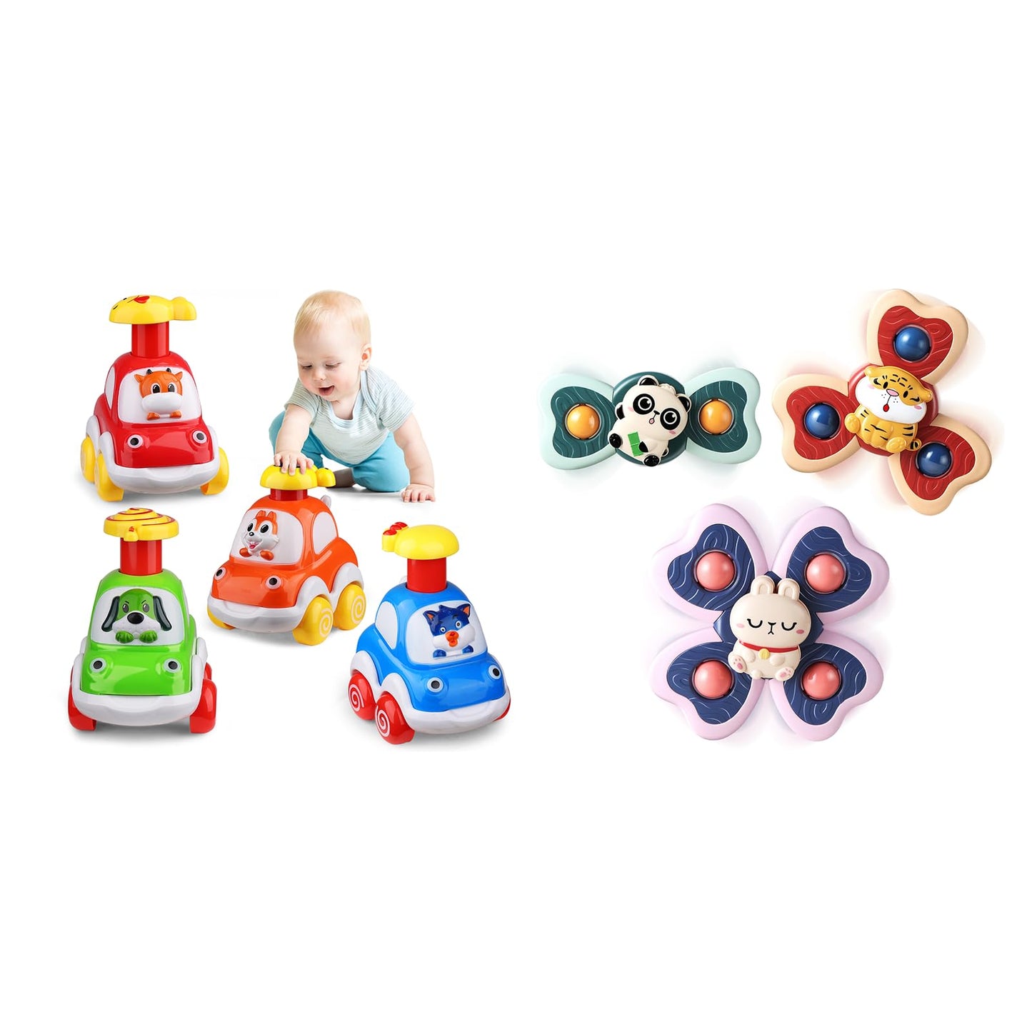 ALASOU 4 PCS Animal Car Toys and 3 PCS Suction Cup Rotating Toys for Infant and Toddlers