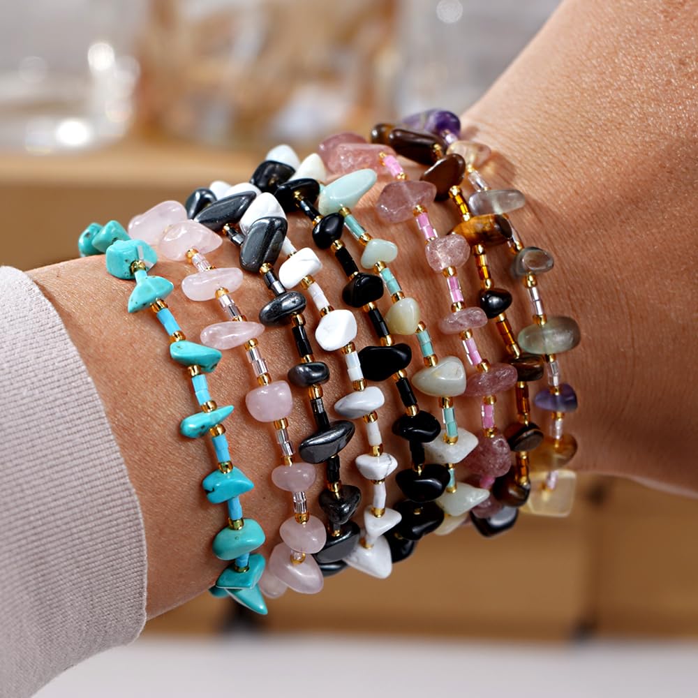SHINUS BOHO Healing Natural Crystal Beaded Stretch Bracelet for Women,Handmade Boho Irregular Obsidian Energy Stones Protection Insightful Bracelet Summer Beach Fashion Jewelry Gift Friendship