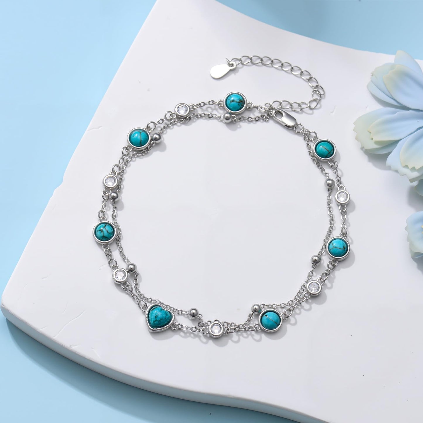 BETHZA Natural Turquoise Anklet 925 Sterling Silver Real Turquoise Gemstone Adjustable Layered Foot Bracelet Jewelry Gifts for Women