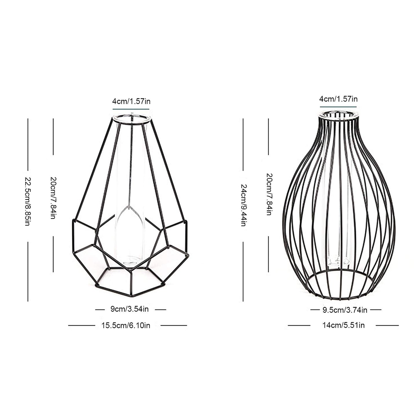 Metal Frame Vase Geometric Glass Flower Vase, Lantern Shape Glass Test Tube Vase, Modern Creative Clear Tube Glass Planter Terrariums with Geometric Metal Stand for Decor Office Home (Black B)