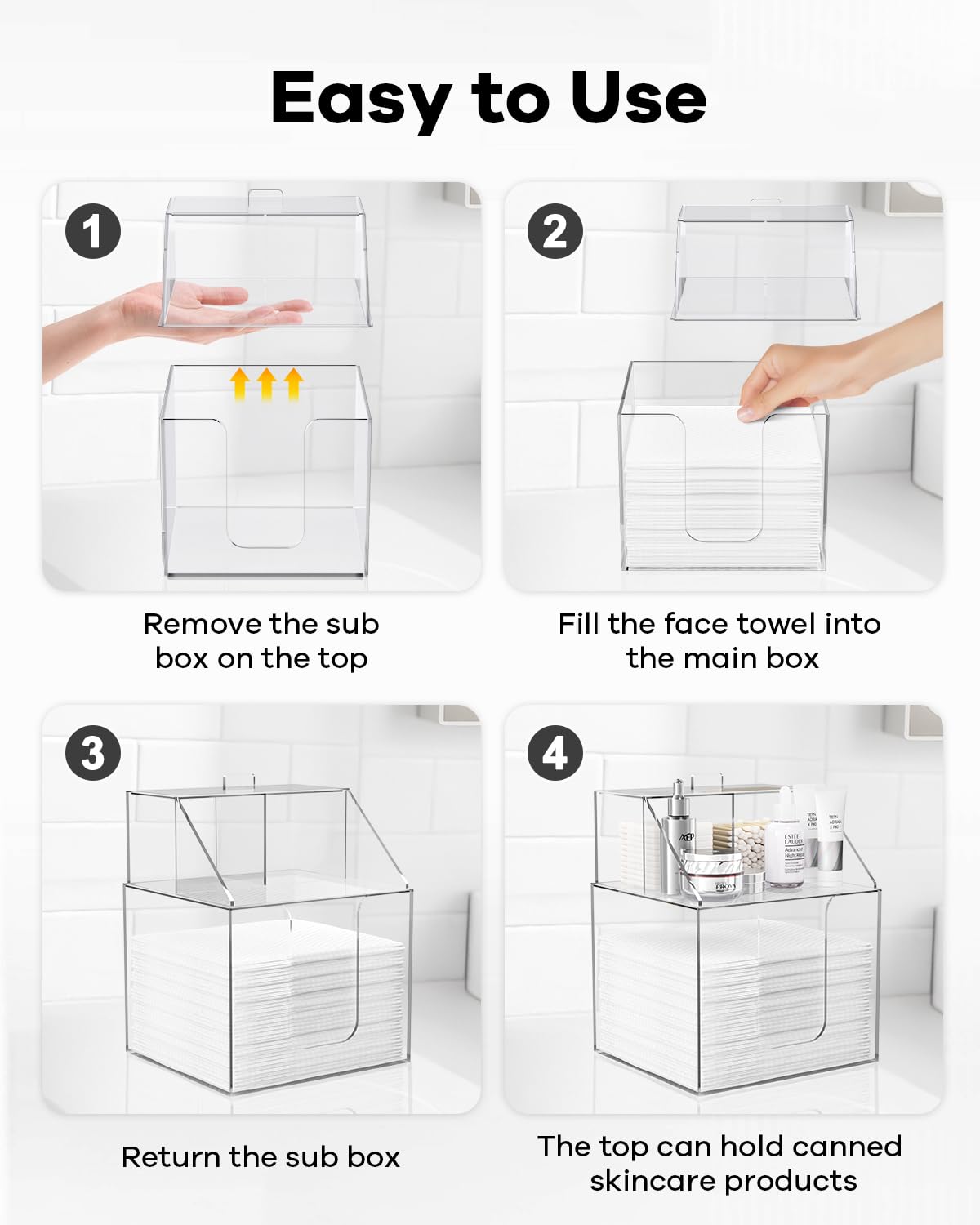 TAINESS Disposable Facial Towels Storage Box Compatible with Clean Skin Club Clean Towel XL-Cotton Pads-Swabs Upgraded Double Layer Face Towel Holder Acrylic Storage Container Valentine's Day Gifts