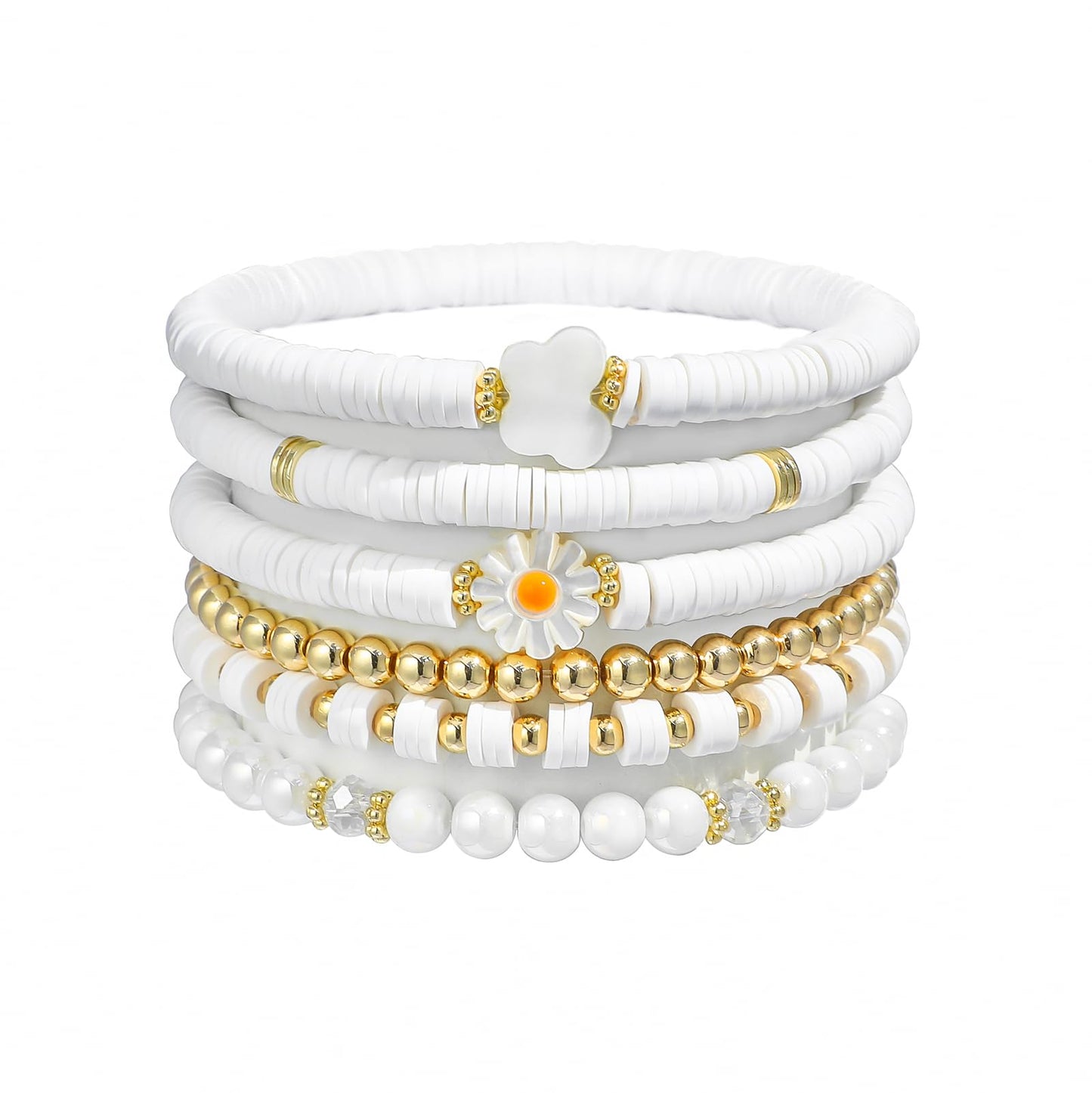 GOOJIDS White Surfer Heishi Clay Bead Bracelets for Women Bohemian Stackable Gold Beaded Stretch Bracelets Elastic Layering Friendship Bracelets Set Boho Jewelry