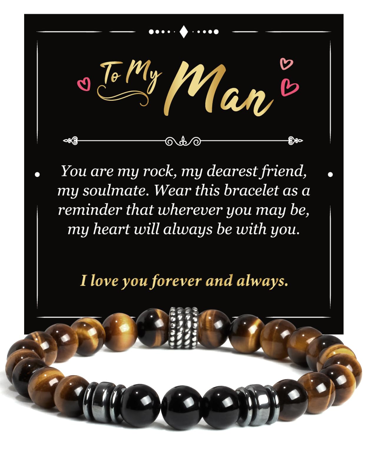 Landorilo Gifts for Men, 8mm Natural Stone Beaded Bracelets, Tiger's Eye & Black Tourmaline Healing Bracelet, Handmade Mens Jewelry Gift for Him, Husband, Son, Father, Friend(To My Son-8.3in)