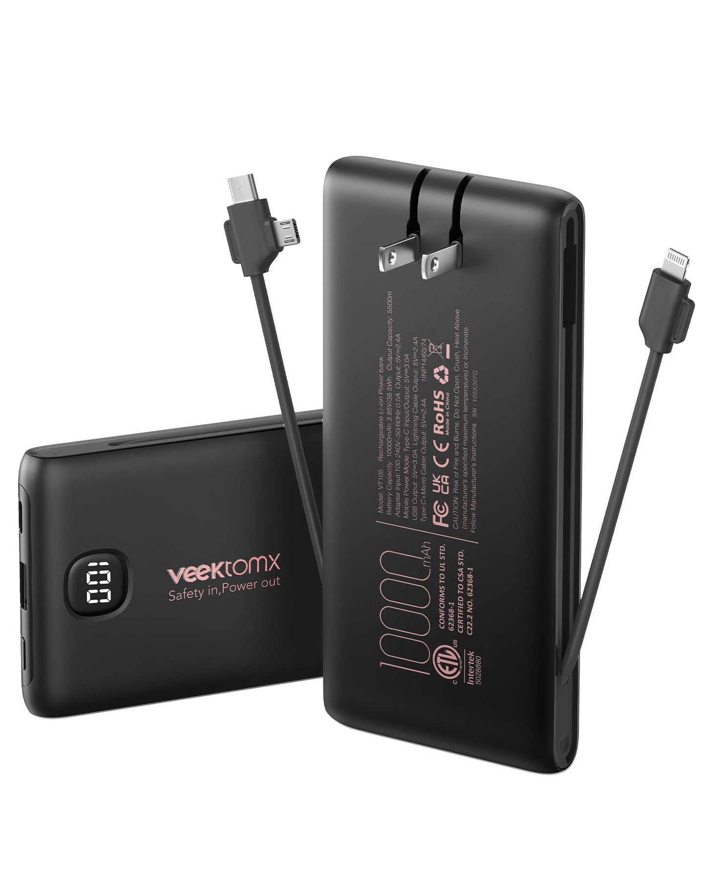 Portable Charger Power Bank Built in Cables and Wall Plug, 10000mAh iPhone Battery Pack Fast Charging, USB C External Slim Power Bank, Travel Essentials Compatible with iPhone 17 16 15 14 iPad, Black