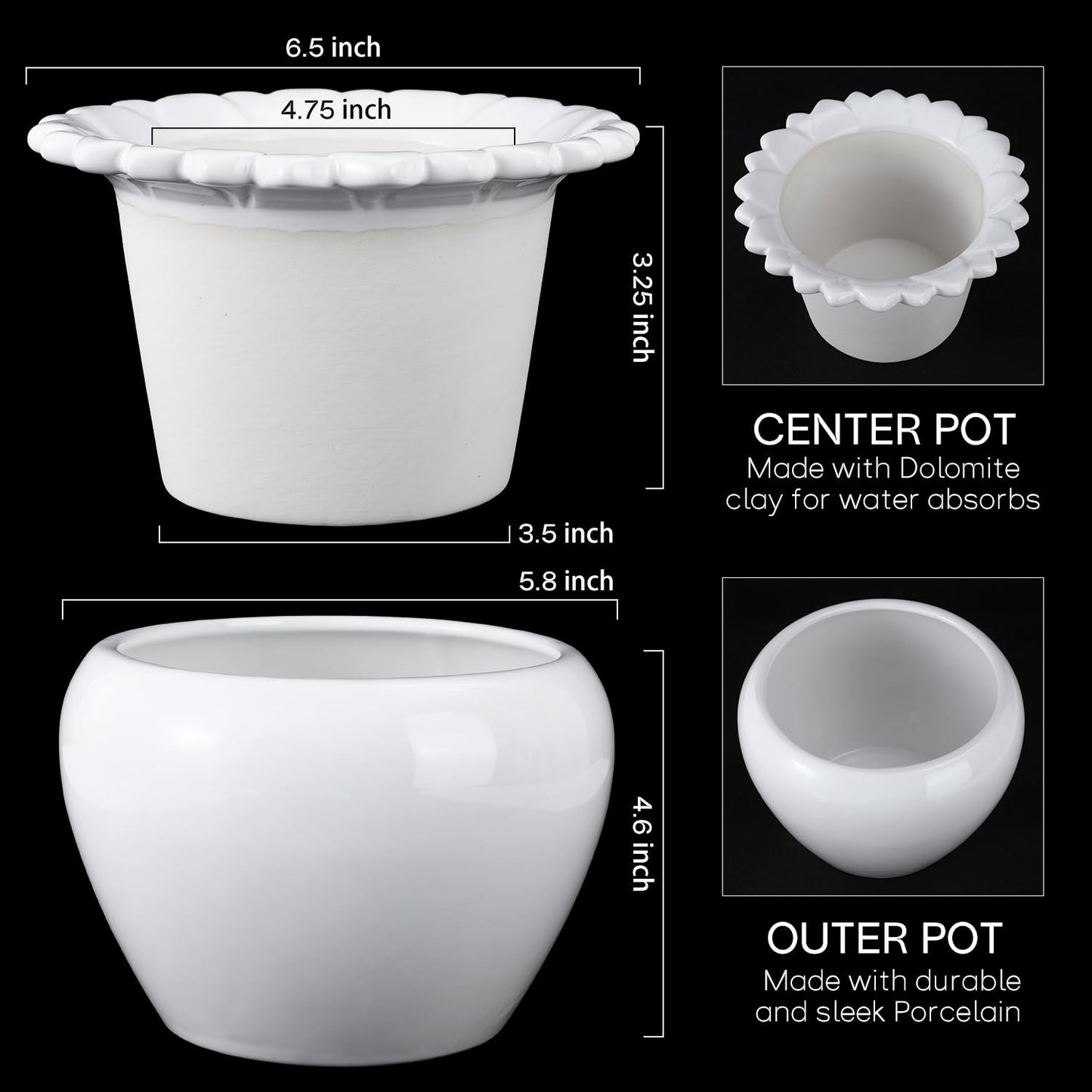 Lovely Ran Self Watering Plant Pot African Violet Pots Ceramic 6.5 * 4.6 * 4 inch White for Indoor Flowers and Plants Simple Plant Self Watering Pot Modern Decor Pots Efficient Absorption Water