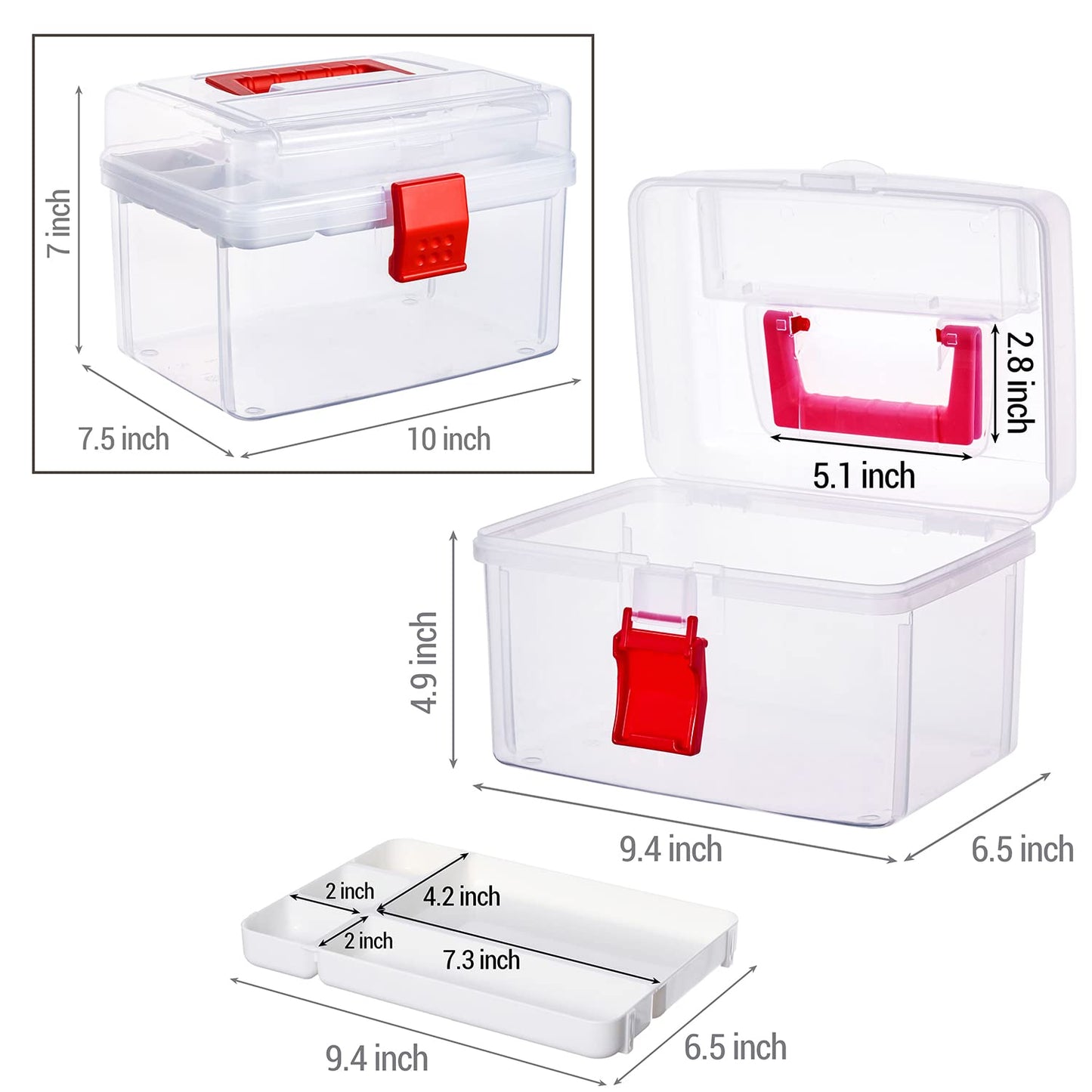 MyGift 10 Inch Premium Clear First Aid Bin with Detachable Tray and Quick Access Top Lid Flap, Portable Emergency Kit, Medical Supply Travel Tote, Medicine Storage Box Container (Red)